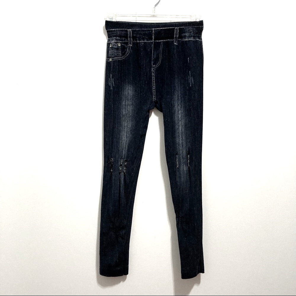Poof Women’s Jeans-like Distressed Ripped Leggings